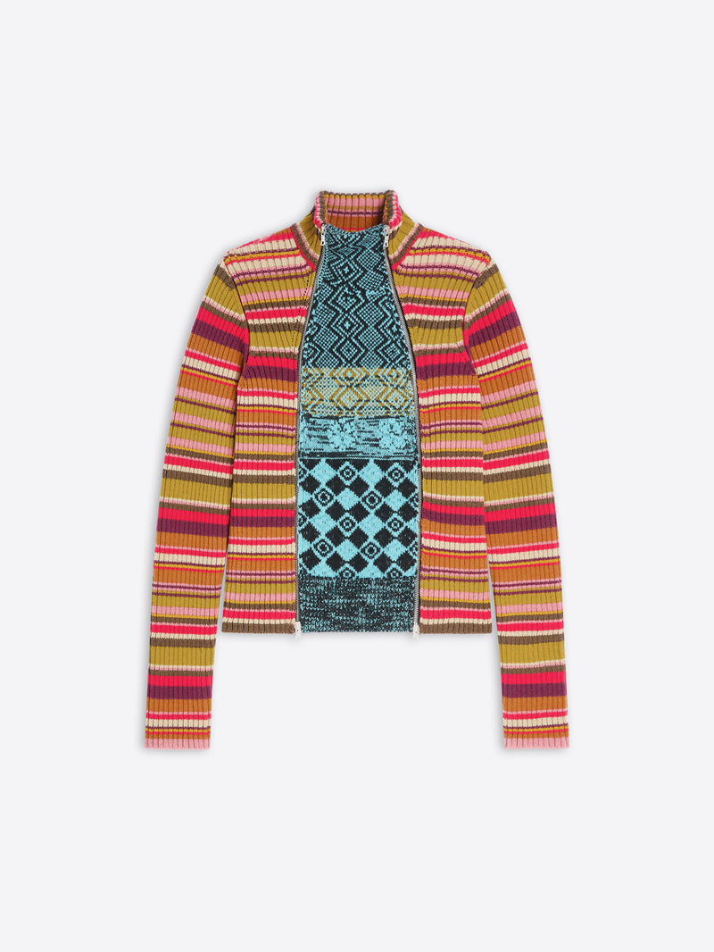 A colorful patterned sweater on a white background