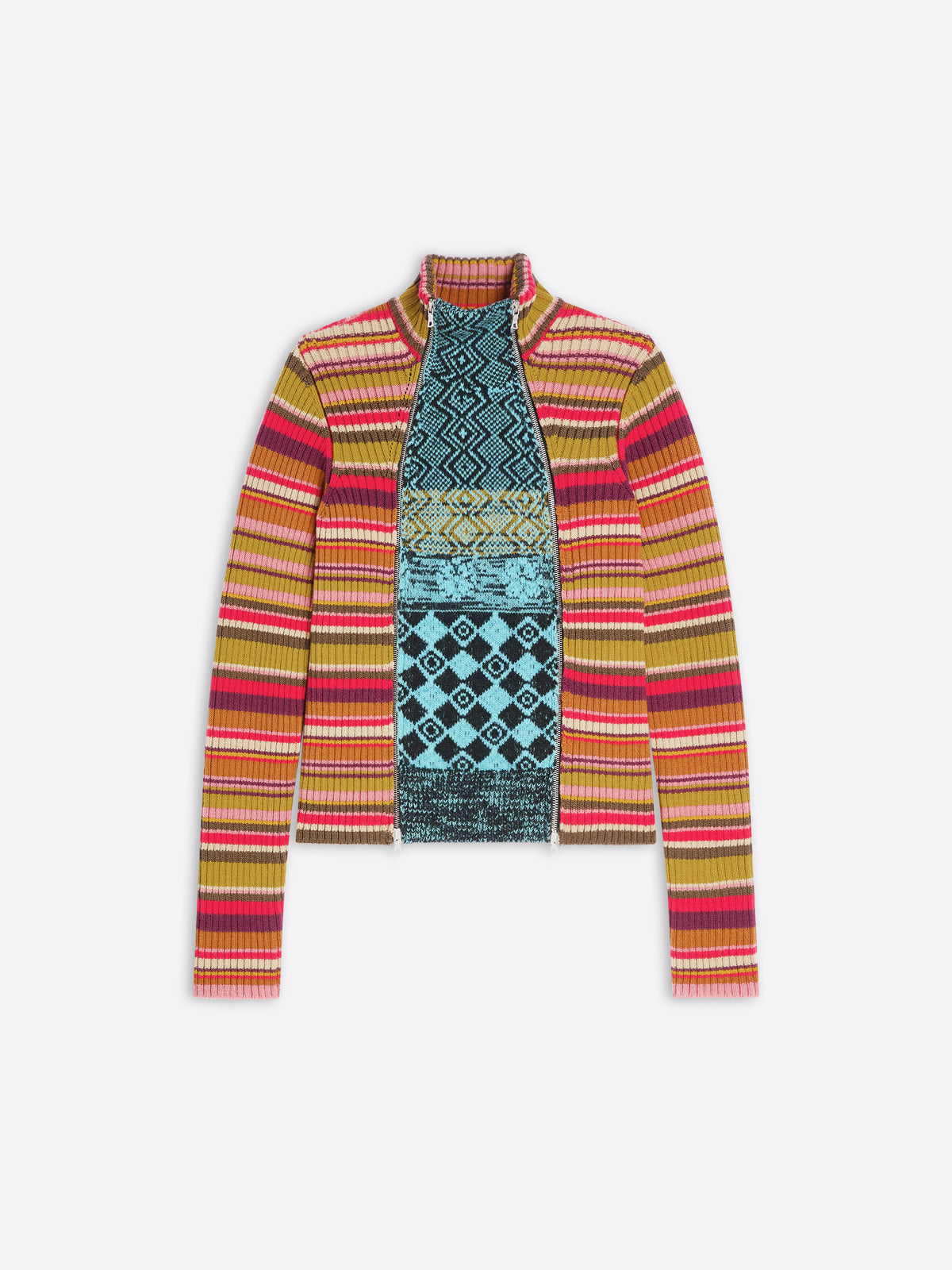 A colorful patterned sweater on a white background