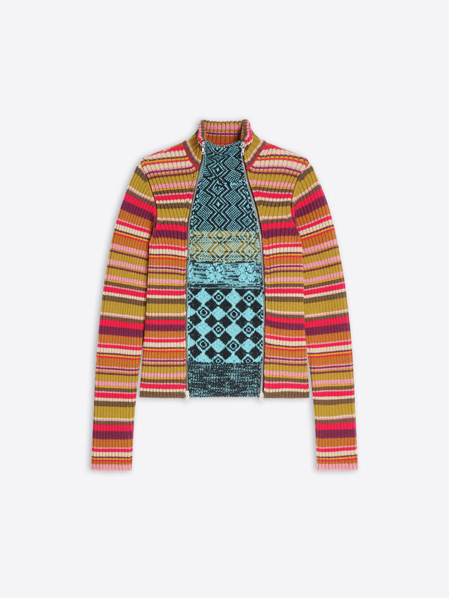 A colorful patterned sweater on a white background