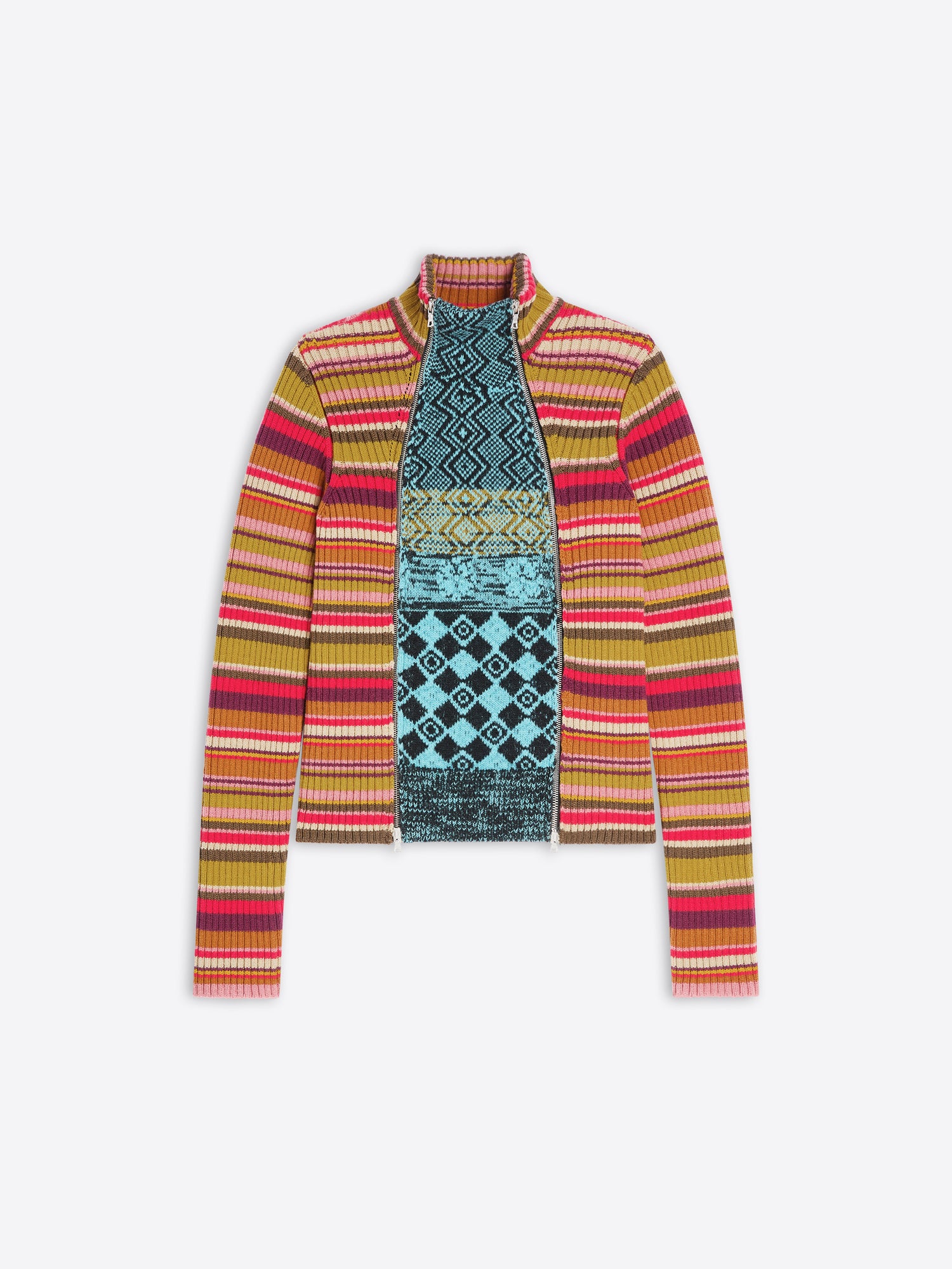A colorful patterned sweater on a white background