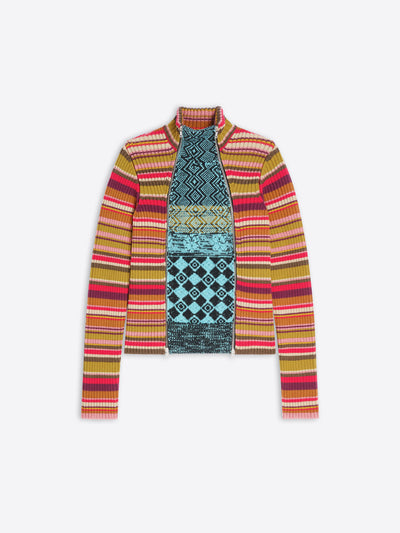 A colorful patterned sweater on a white background