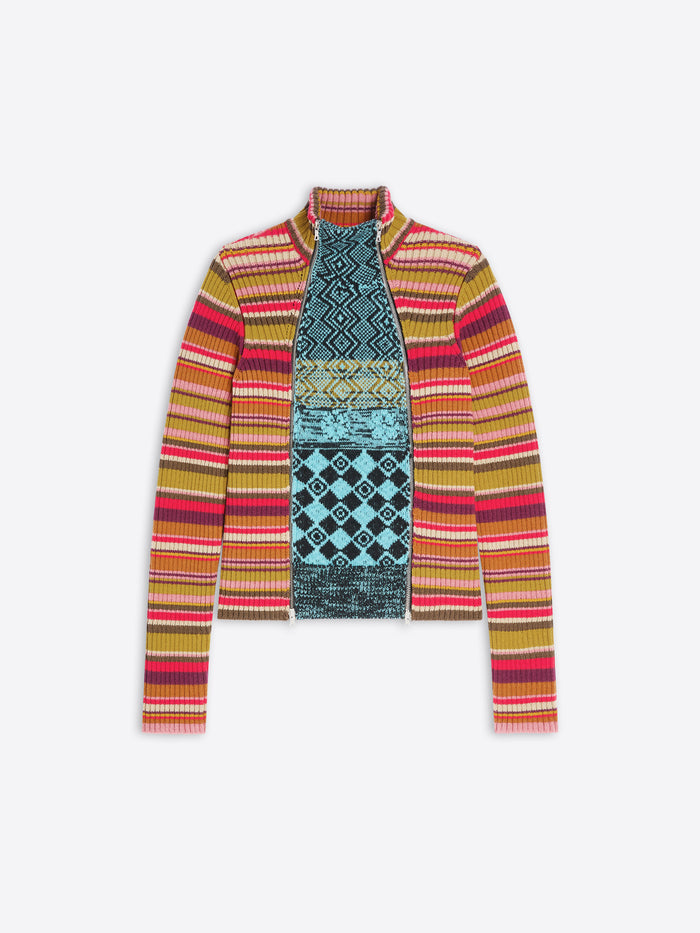 A colorful patterned sweater on a white background