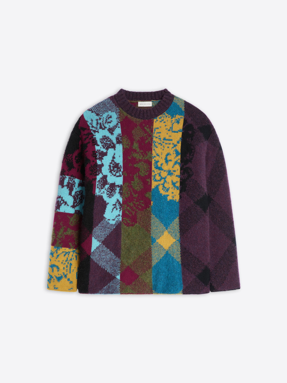 Multicolored patterned sweater on a white background