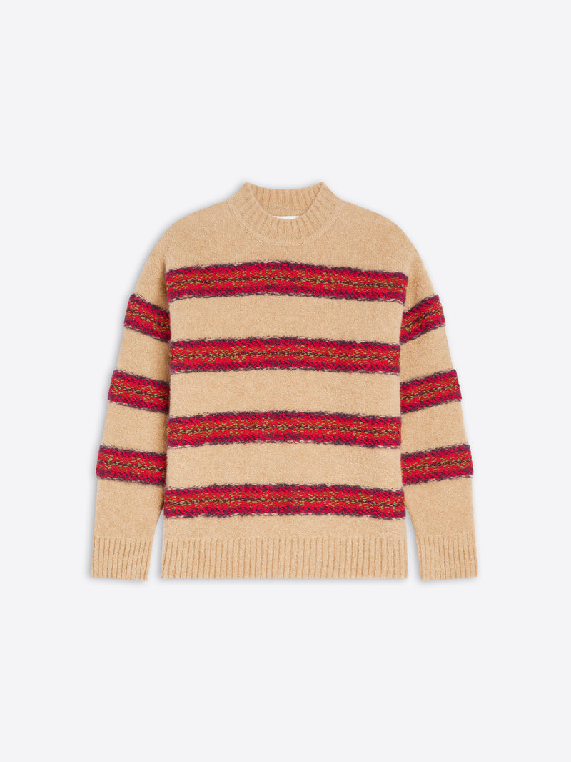 Beige sweater with red striped pattern on a white background