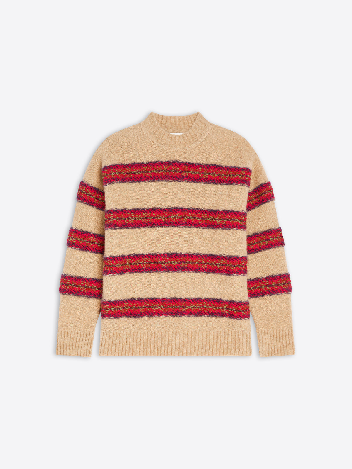 Beige sweater with red striped pattern on a white background