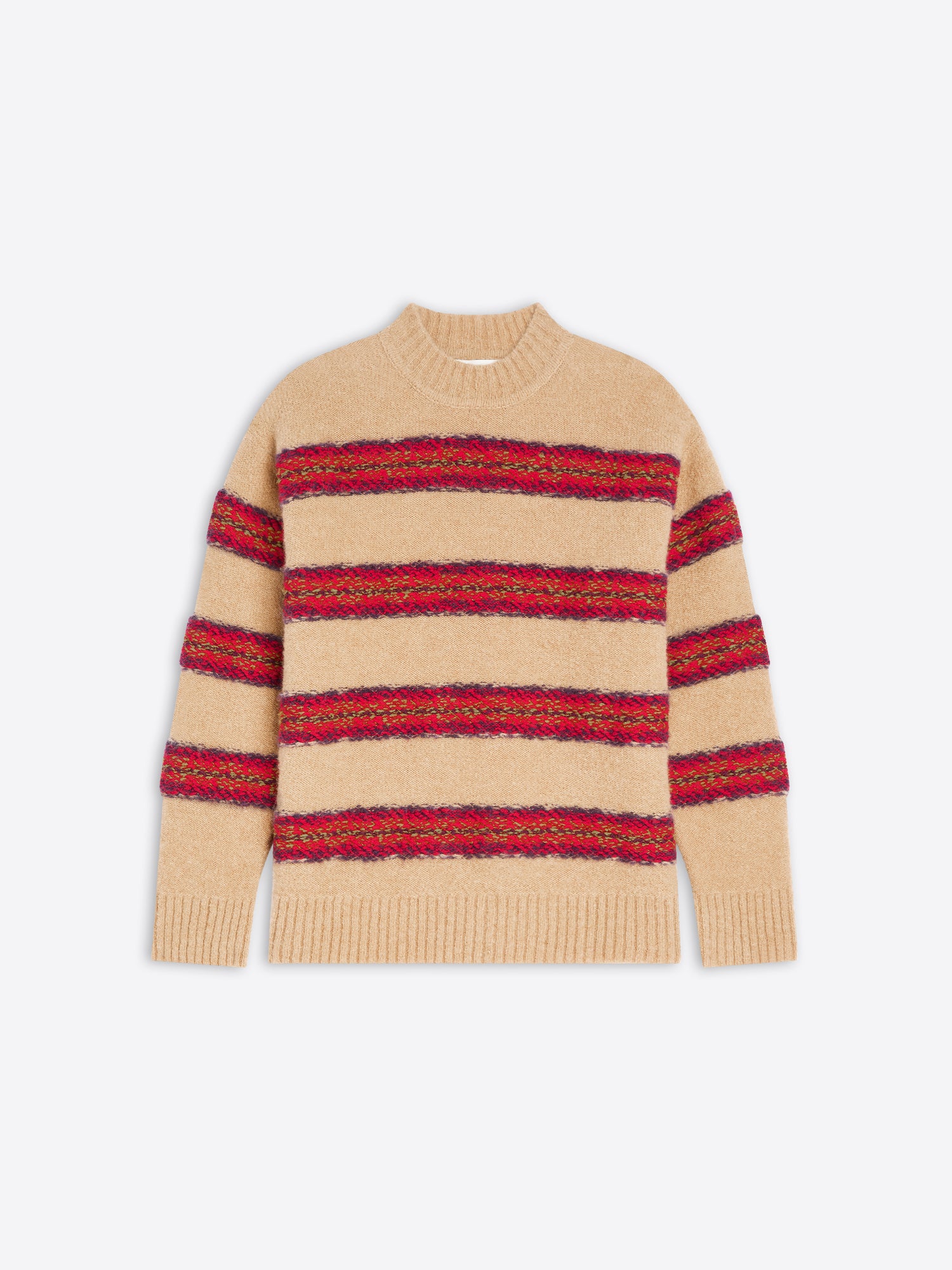 Beige sweater with red striped pattern on a white background