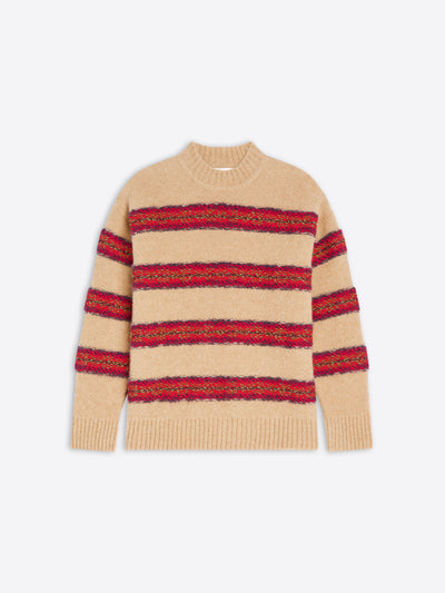Beige sweater with red striped pattern on a white background