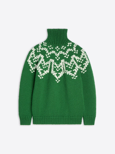 Green chunky-knit turtleneck sweater with a contrasting white jacquard motif.