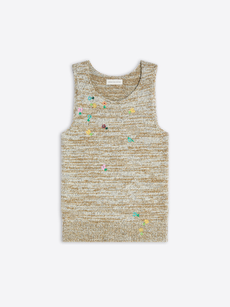 Textured tank top with floral embellishments on a light background