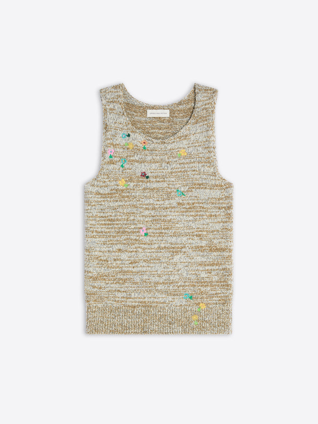 Textured tank top with floral embellishments on a light background