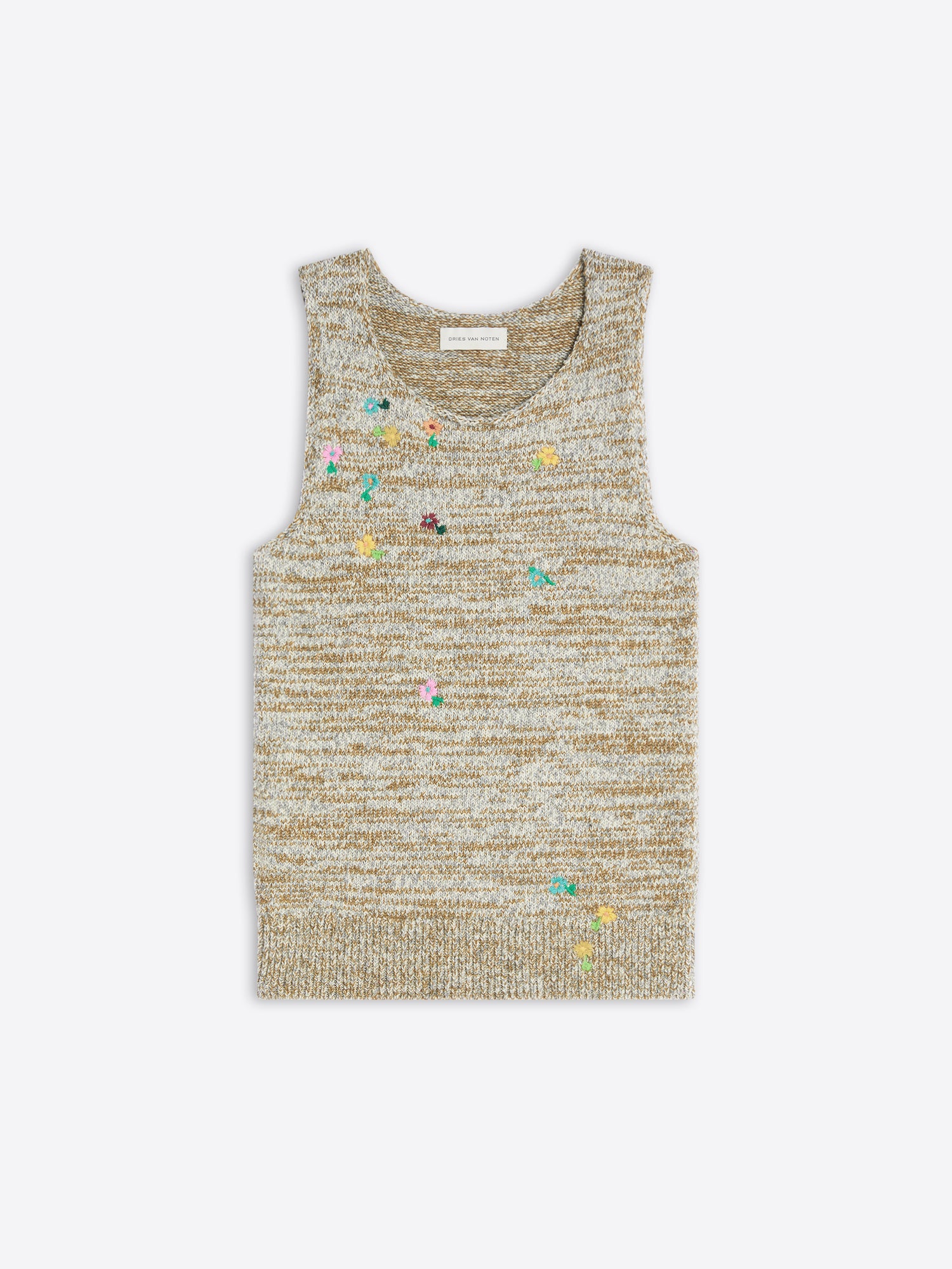 Textured tank top with floral embellishments on a light background