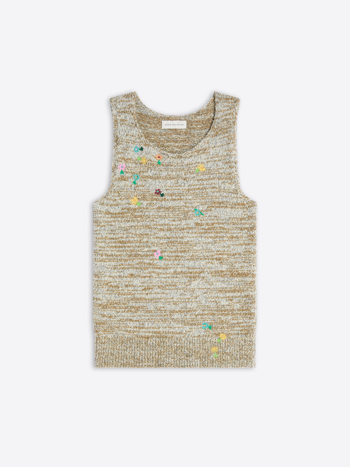 Textured tank top with floral embellishments on a light background