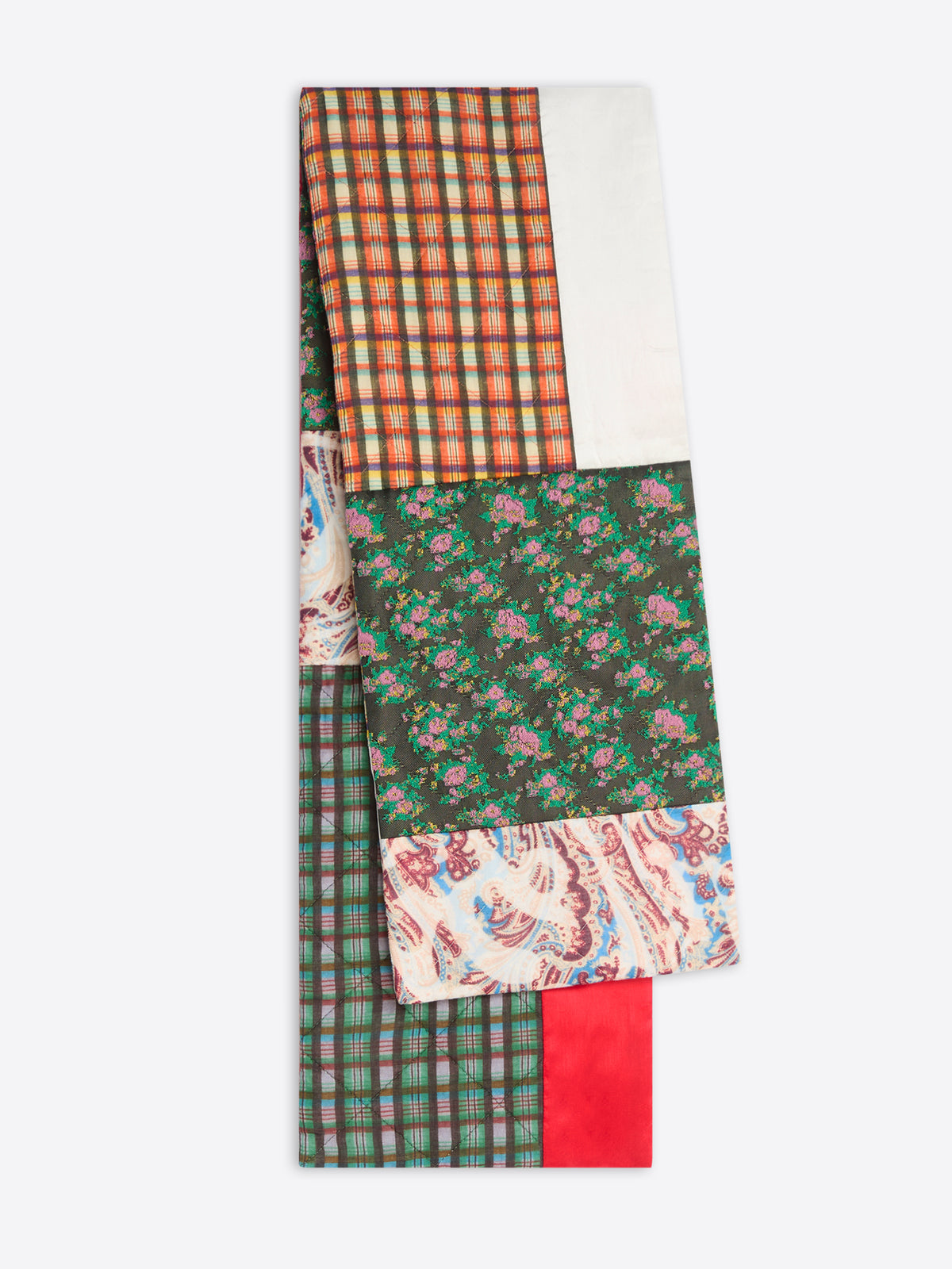 Scarf with patchwork pattern of various colors and patterns on a white background