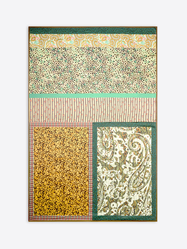 Multicolored patterned pareo with geometric and paisley designs on a white background