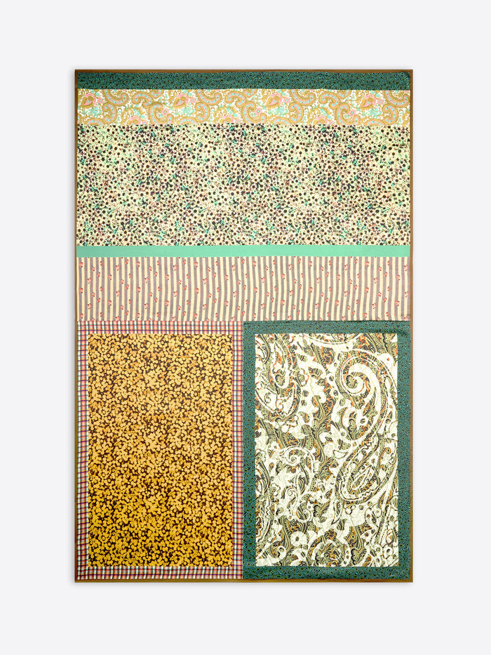 Multicolored patterned pareo with geometric and paisley designs on a white background