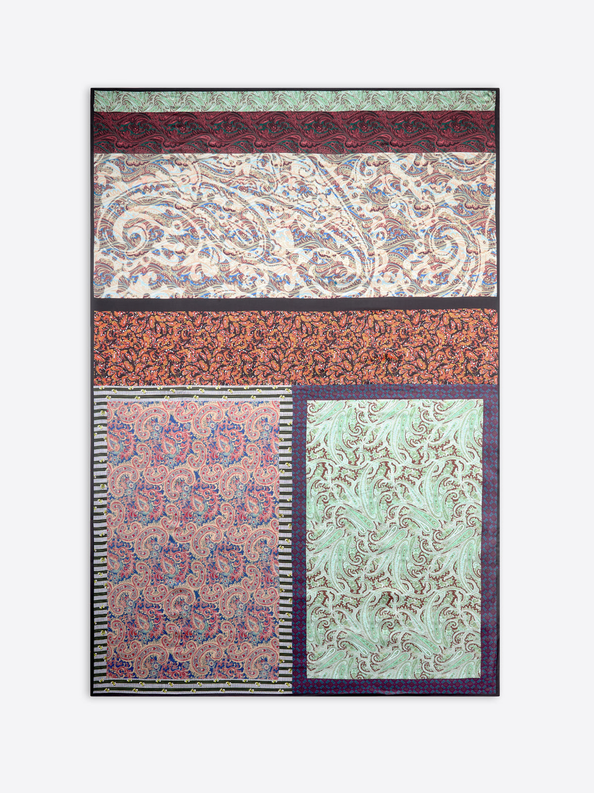 Multicolored patterned pareo with geometric and paisley designs on a white background