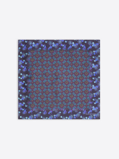 Silk pocket square with blue, burgundy and purple abstract design 