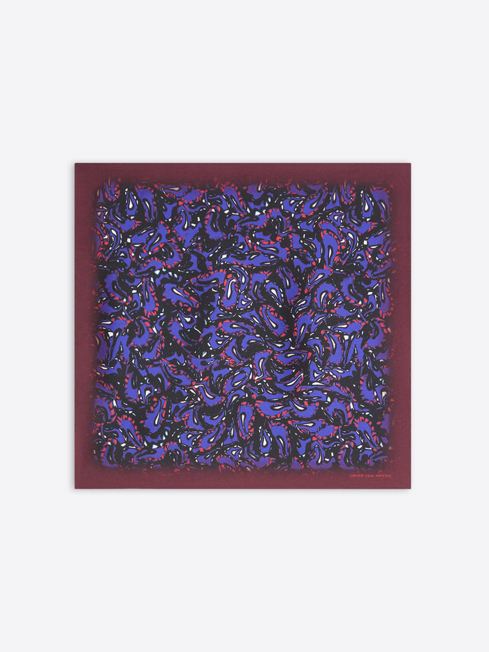 Silk pocket square with blue and purple abstract design 