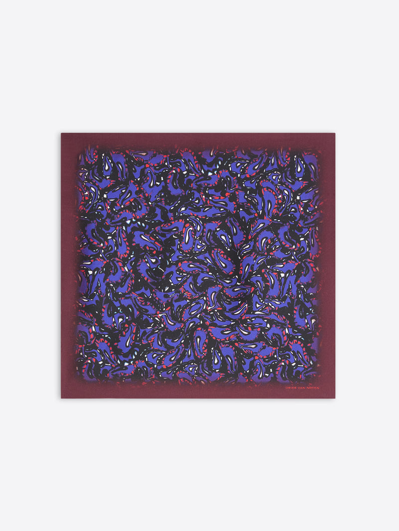 Silk pocket square with blue and purple abstract design 