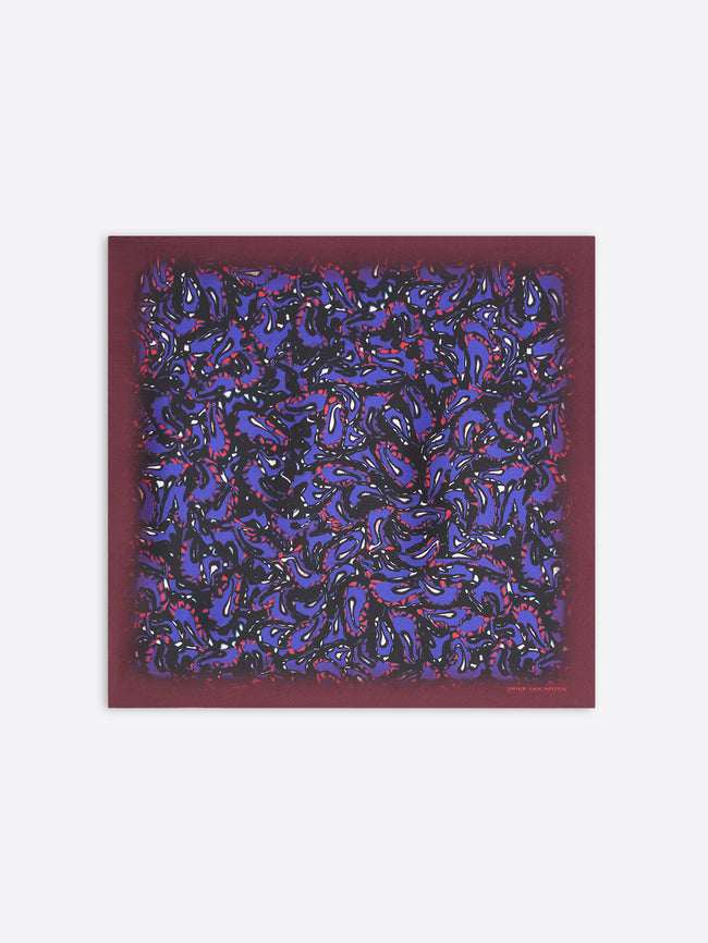 Silk pocket square with blue and purple abstract design 