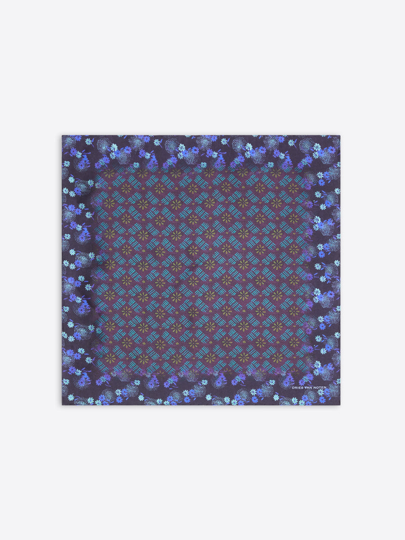 Silk pocket square with blue, burgundy and purple abstract design 