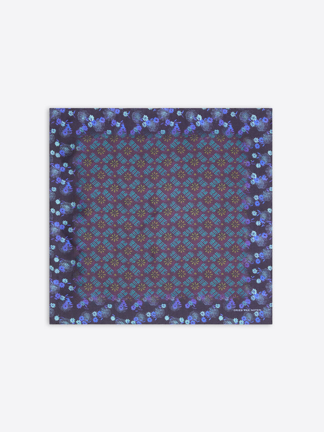 Silk pocket square with blue, burgundy and purple abstract design