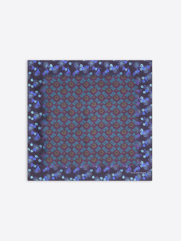 Silk pocket square with blue, burgundy and purple abstract design