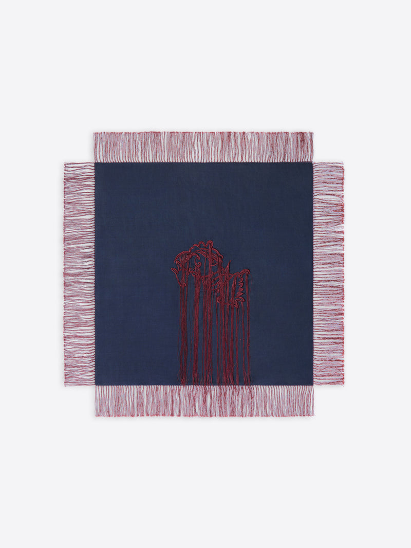 Navy scarf with red fringe design on a white background