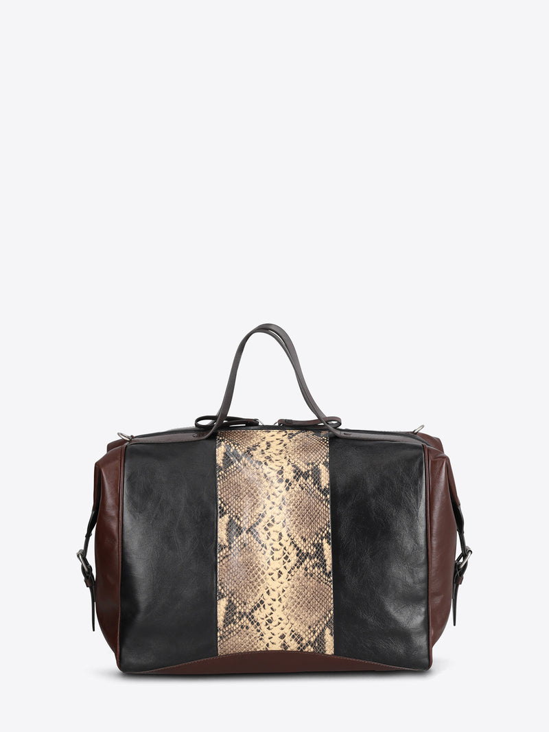 A leather duffel bag with a snakeskin print panel down the center, dark brown leather sides, and black leather top handles, shown against a light gray background.