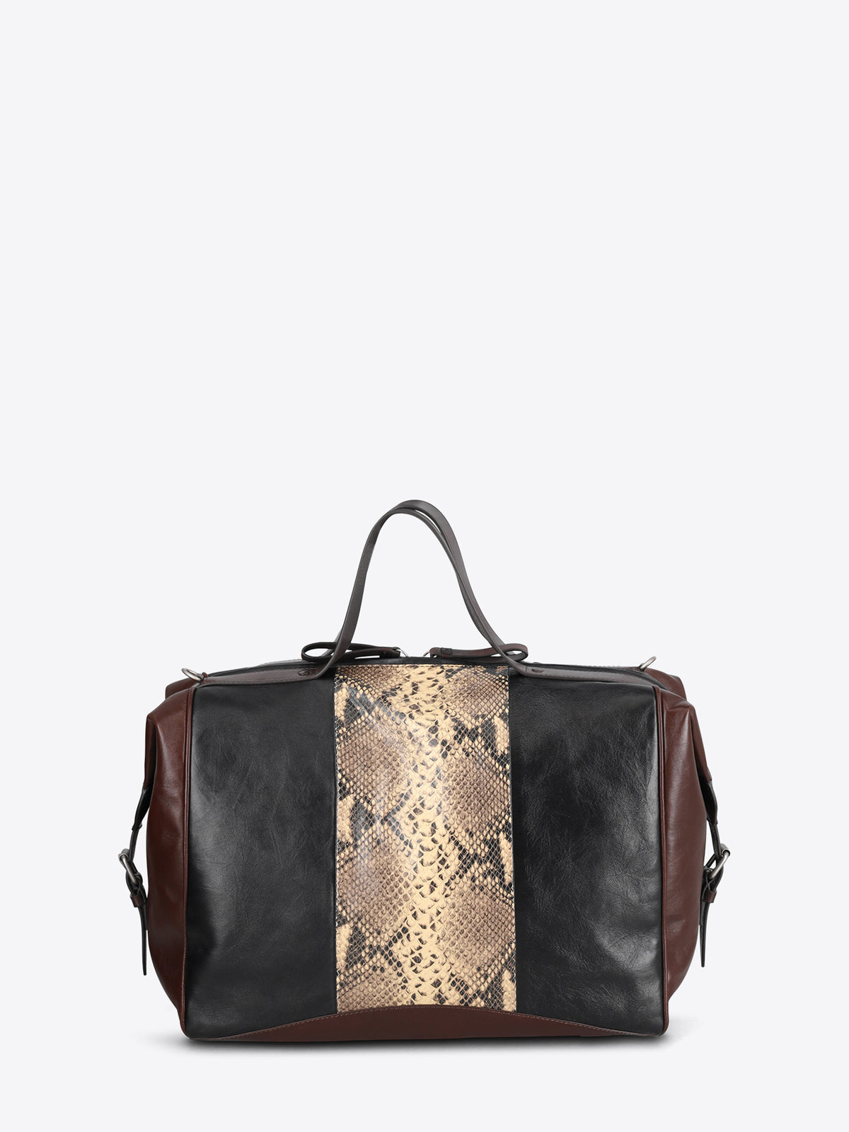 A leather duffel bag with a snakeskin print panel down the center, dark brown leather sides, and black leather top handles, shown against a light gray background.