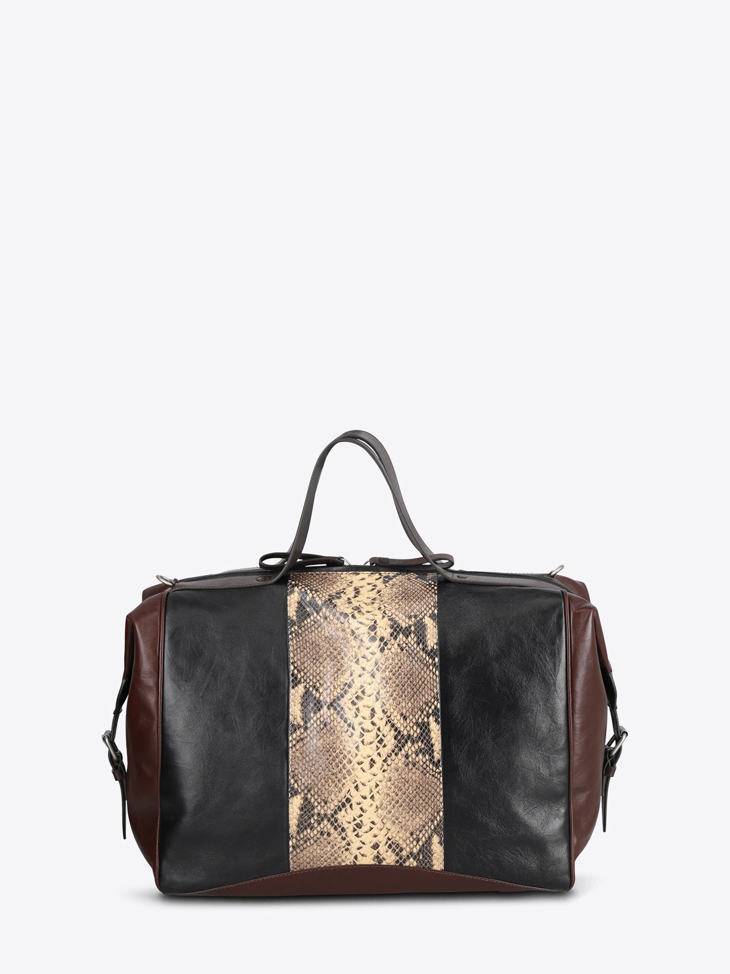 A leather duffel bag with a snakeskin print panel down the center, dark brown leather sides, and black leather top handles, shown against a light gray background.
