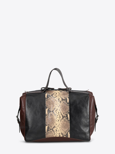 A leather duffel bag with a snakeskin print panel down the center, dark brown leather sides, and black leather top handles, shown against a light gray background.