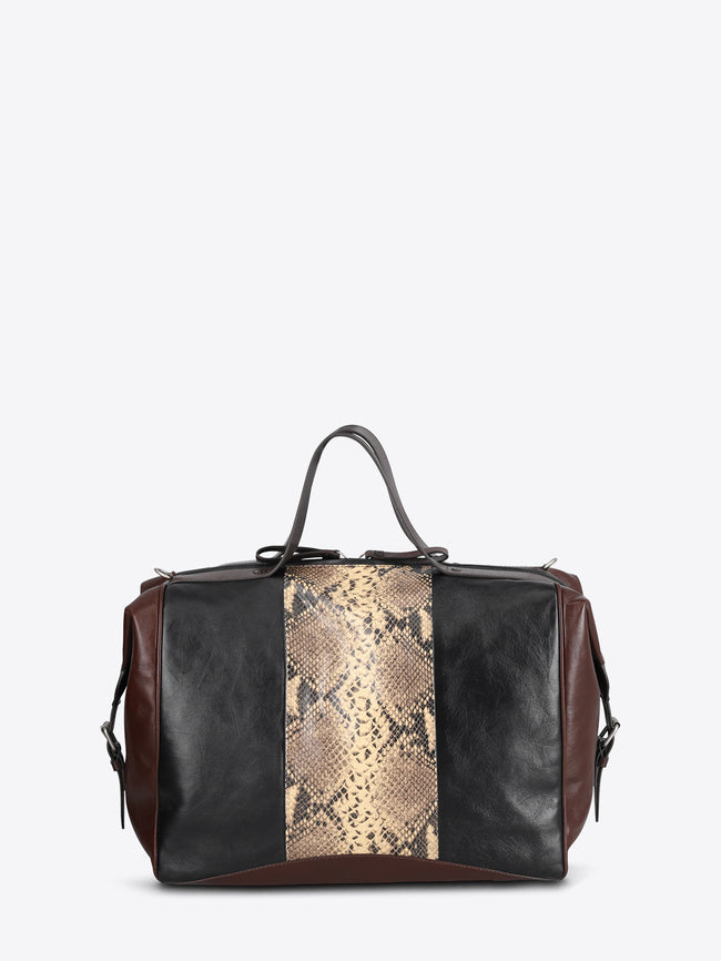 A leather duffel bag with a snakeskin print panel down the center, dark brown leather sides, and black leather top handles, shown against a light gray background.