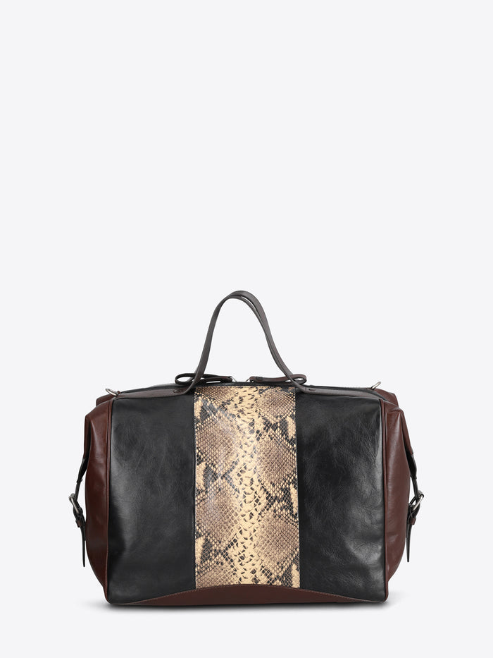 A leather duffel bag with a snakeskin print panel down the center, dark brown leather sides, and black leather top handles, shown against a light gray background.