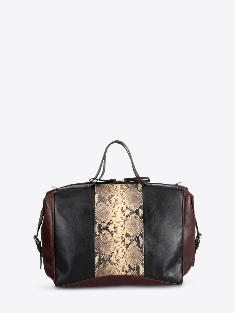 A leather duffel bag with a snakeskin print panel down the center, dark brown leather sides, and black leather top handles, shown against a light gray background.