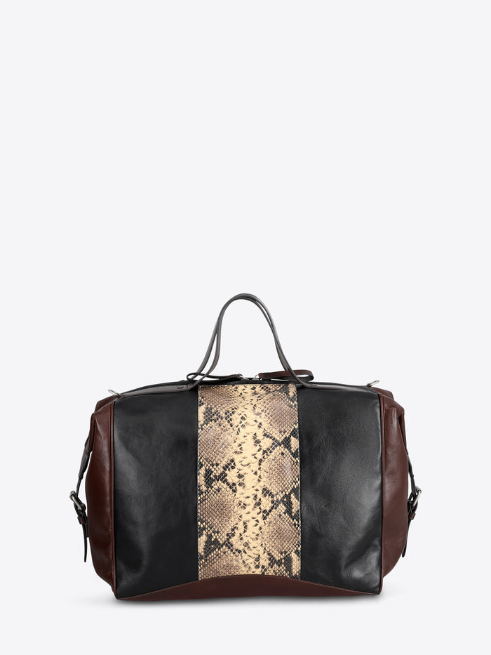 A leather duffel bag with a snakeskin print panel down the center, dark brown leather sides, and black leather top handles, shown against a light gray background.