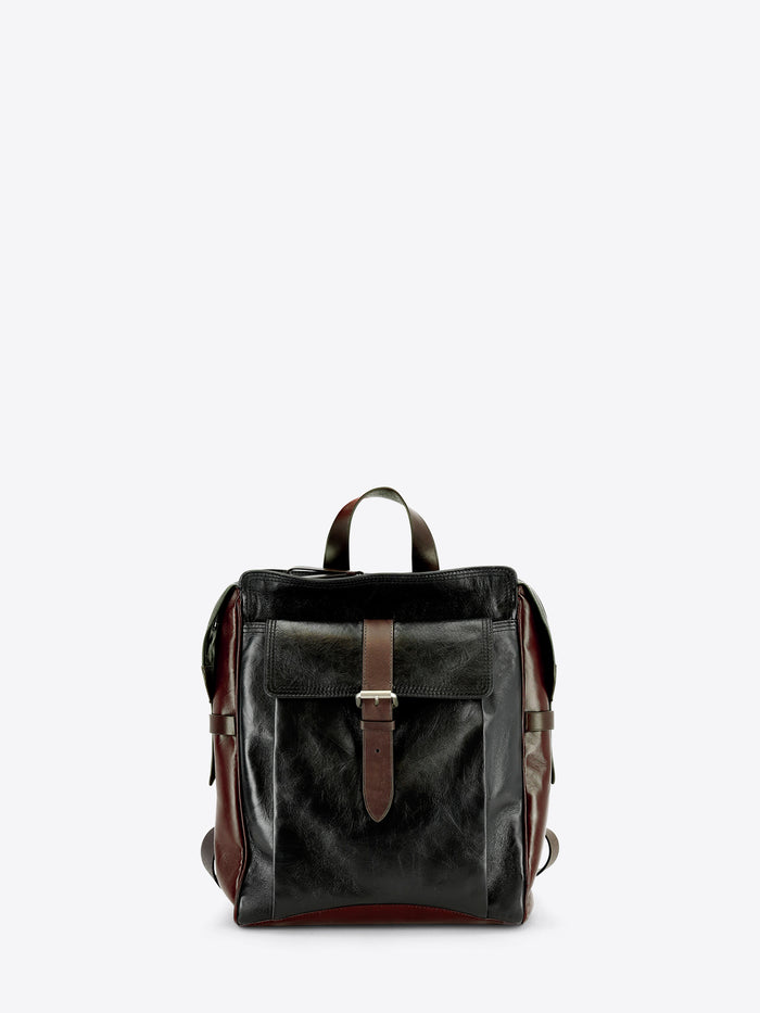 A dark brown and black leather backpack with a front flap pocket and brown leather strap details, shown against a light gray background.