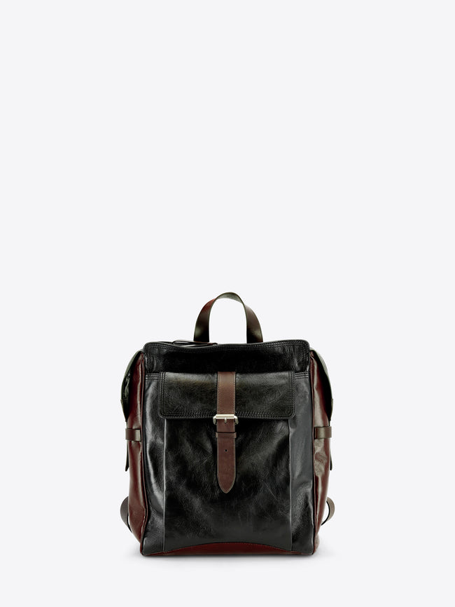 A dark brown and black leather backpack with a front flap pocket and brown leather strap details, shown against a light gray background.