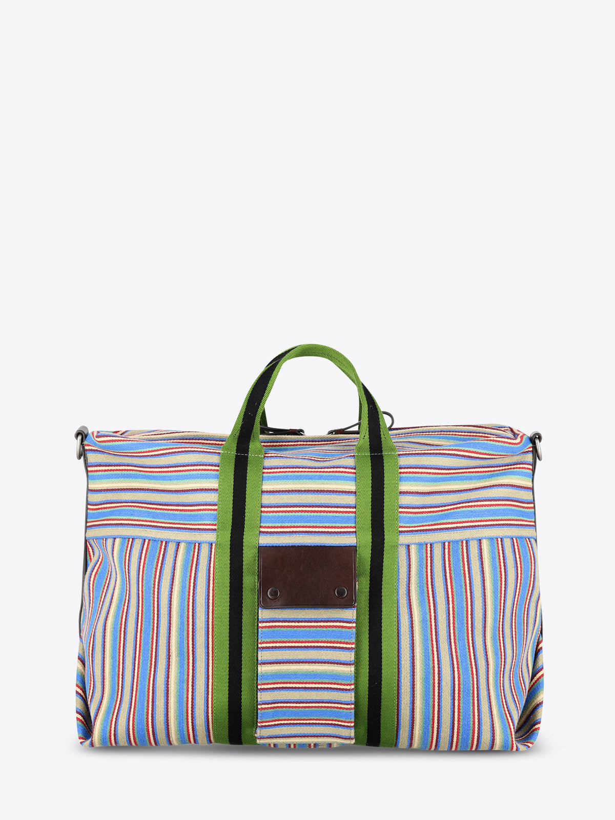 A striped bag with multicolor vertical stripes in blue, red, yellow, and white, featuring green handles and green side trim, set against a light gray background.