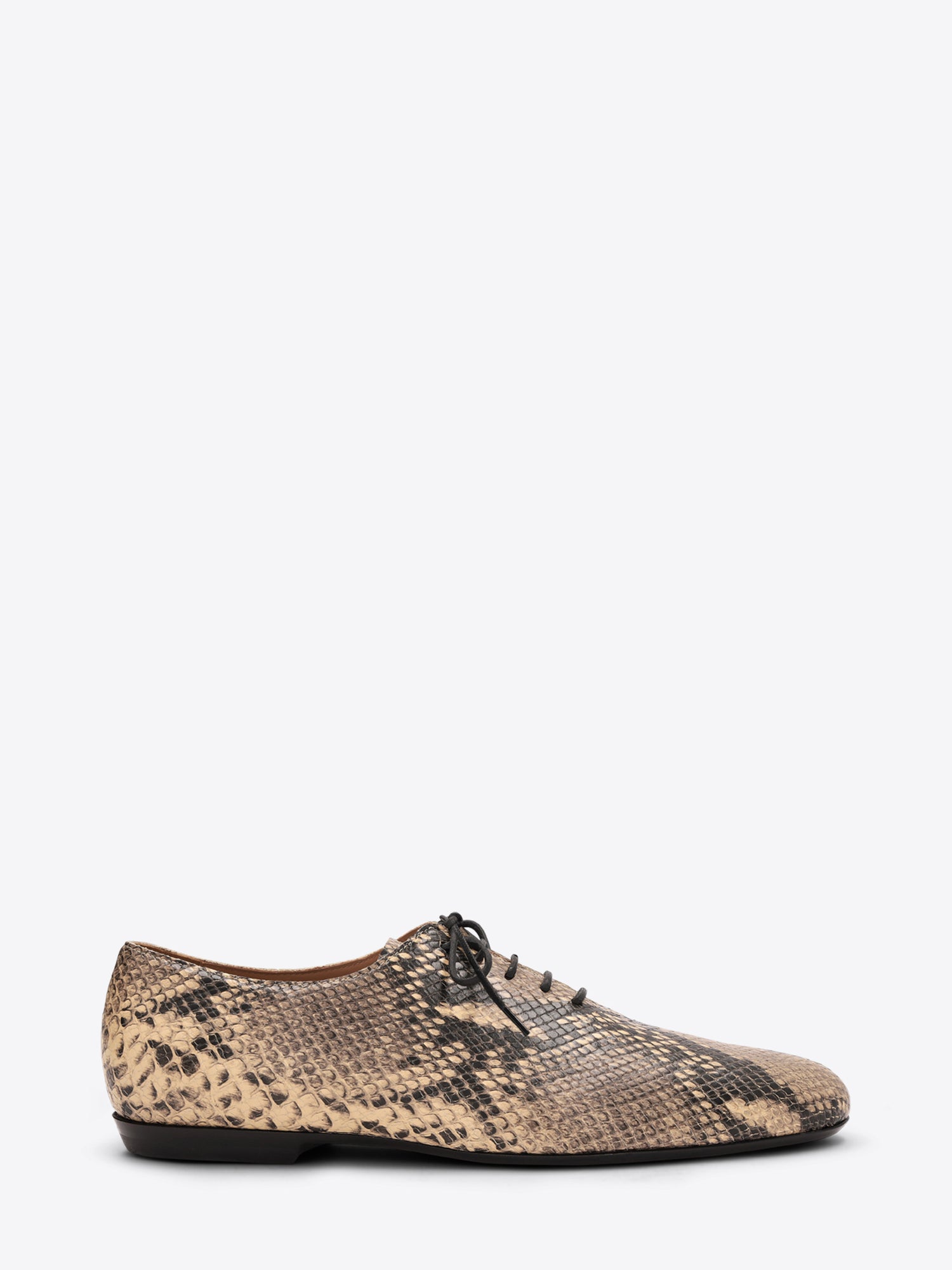 A single men's lace-up shoe with a snakeskin pattern, shown on a light gray background.