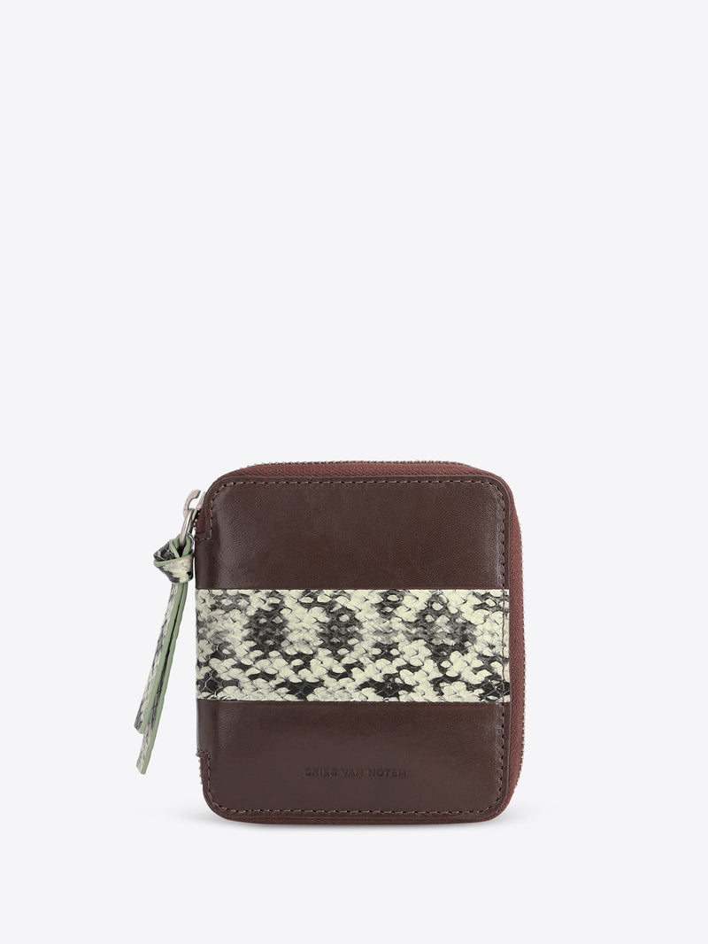 A small brown leather zip-around wallet with a horizontal black and beige snakeskin pattern stripe across the front, shown on a light gray background.