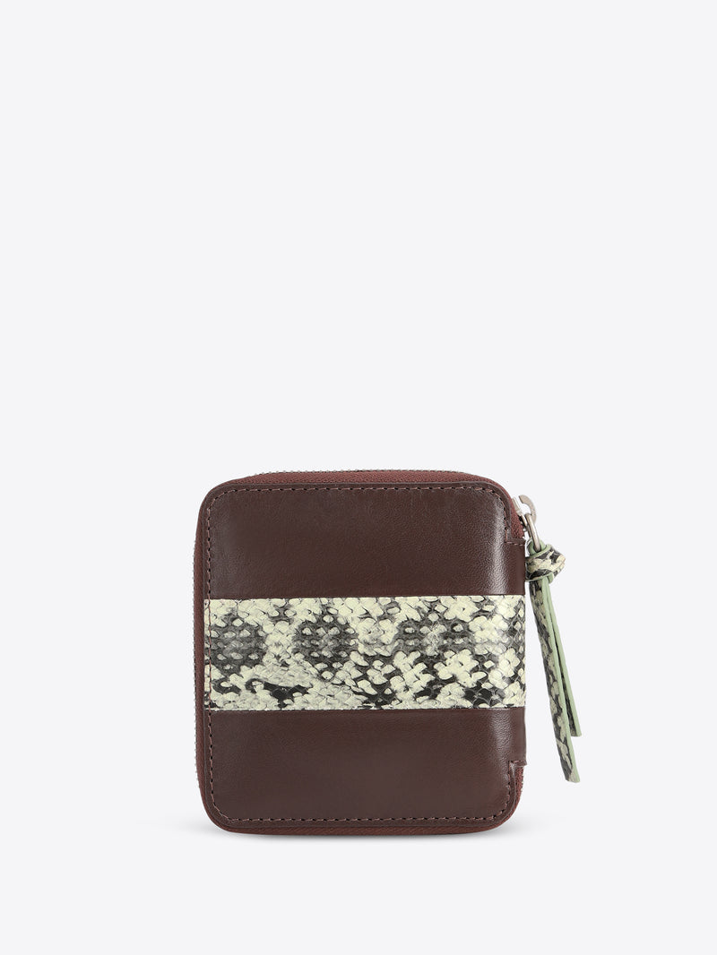 A small brown leather zip-around wallet with a horizontal black and beige snakeskin pattern stripe across the front, shown on a light gray background.