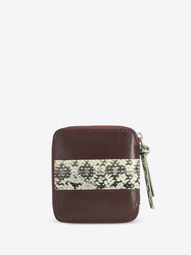 A small brown leather zip-around wallet with a horizontal black and beige snakeskin pattern stripe across the front, shown on a light gray background.