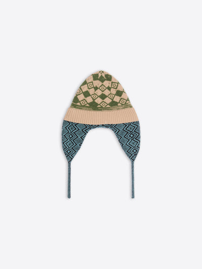 Knitted hat with patterned design on a white background