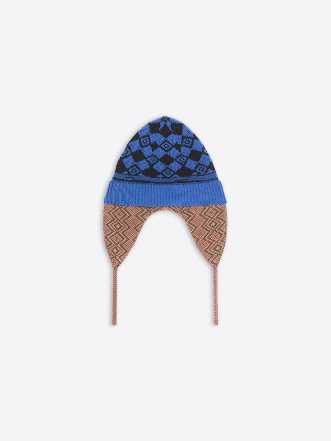 Knitted hat with blue and brown pattern on a white background