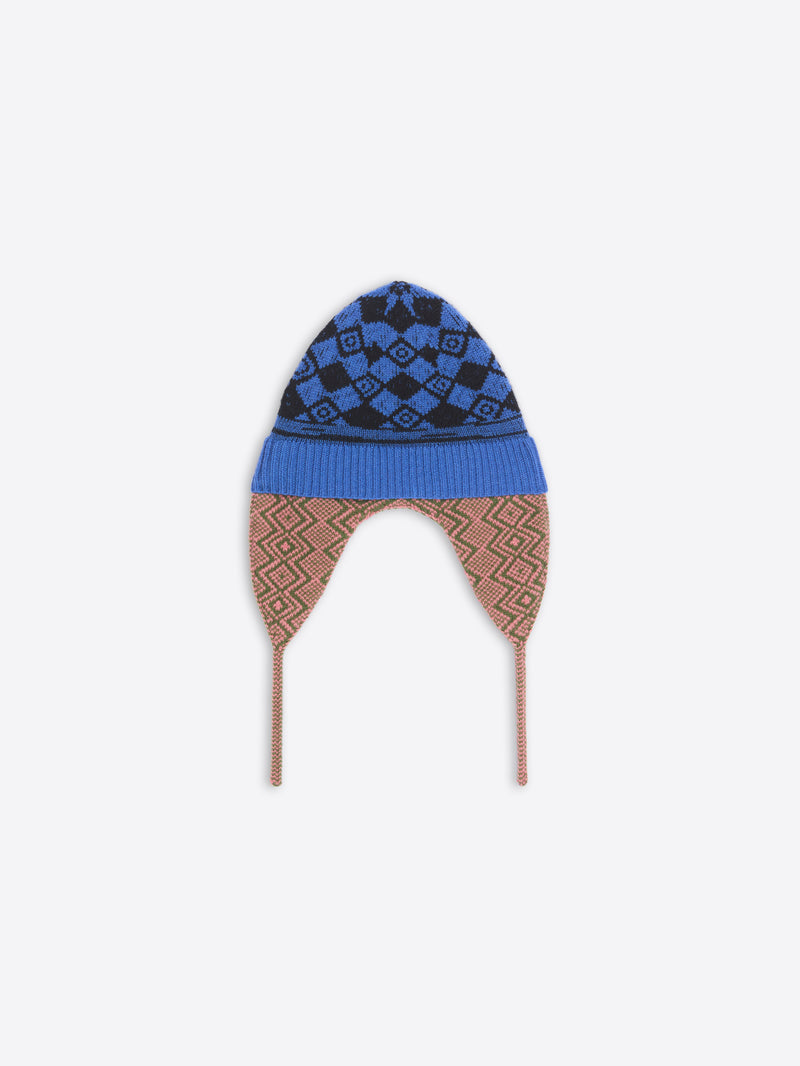 Knitted hat with blue and brown pattern on a white background