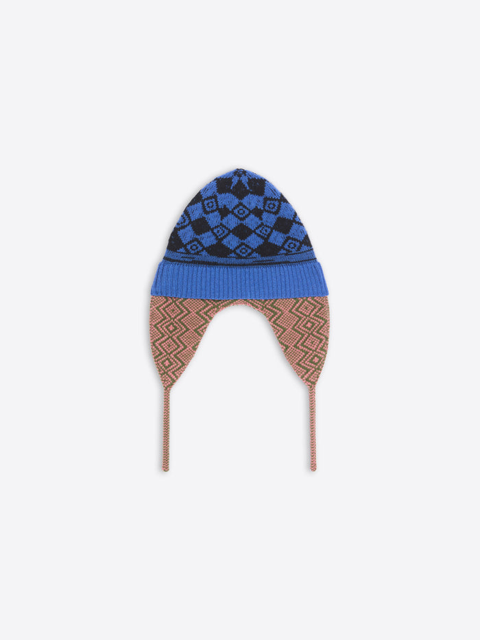 Knitted hat with blue and brown pattern on a white background