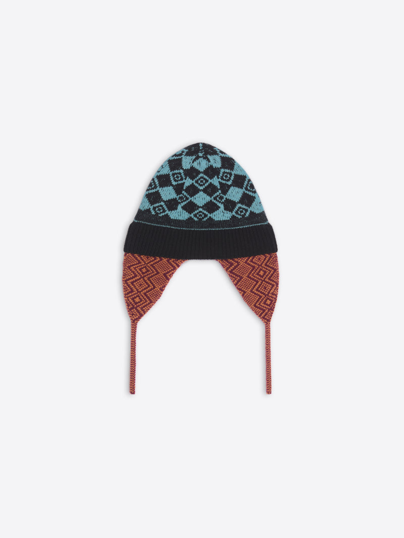 Knitted hat with a geometric pattern on a white background