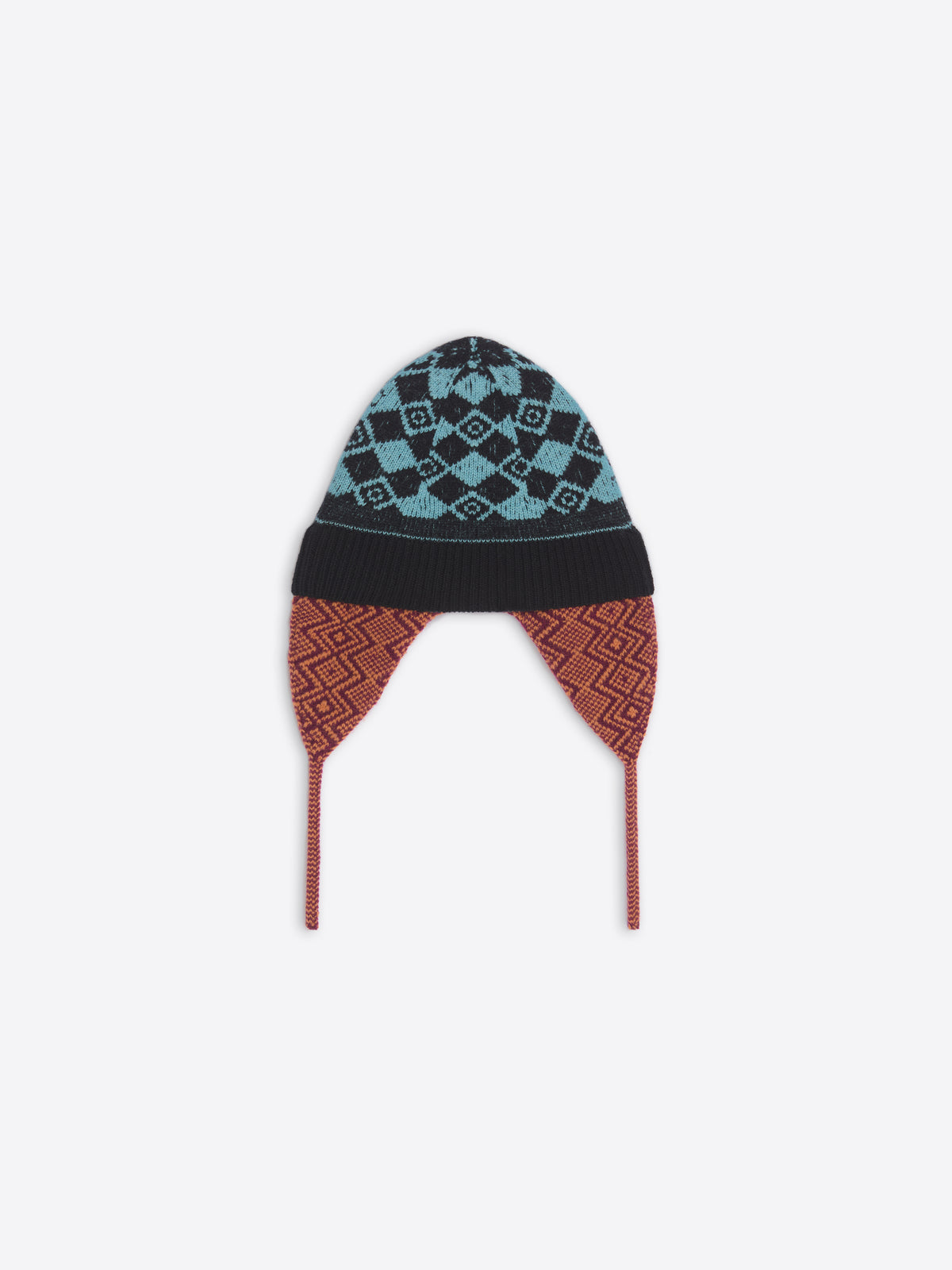 Knitted hat with a geometric pattern on a white background