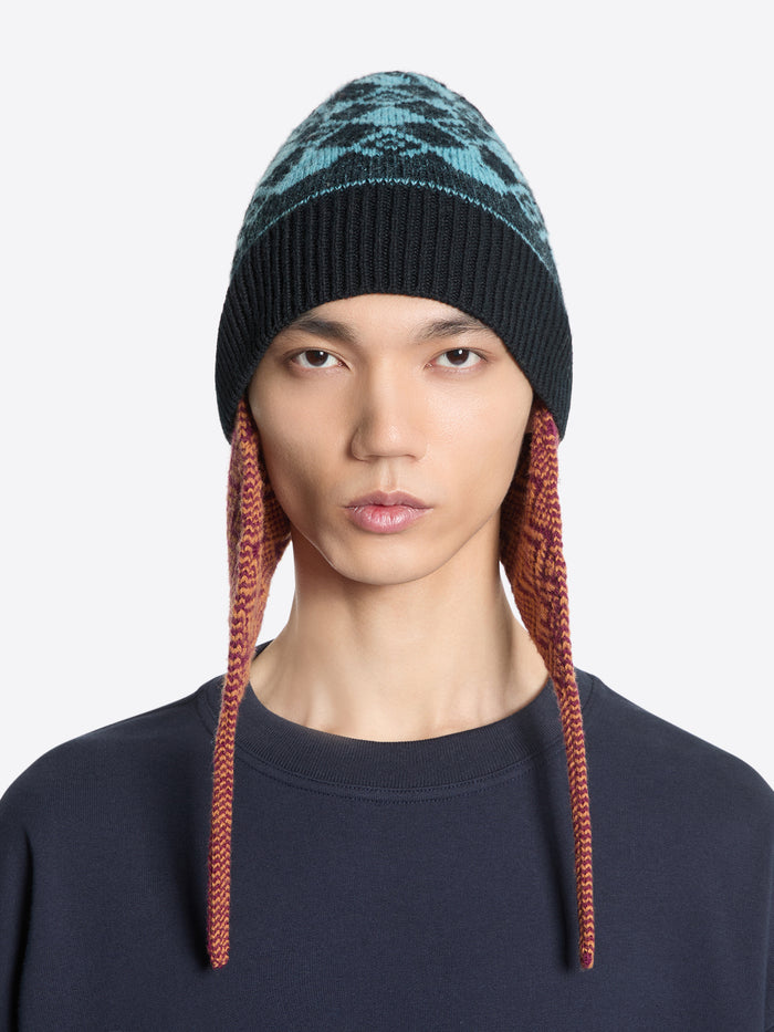 Person wearing a black knit hat with patterned top on a white background